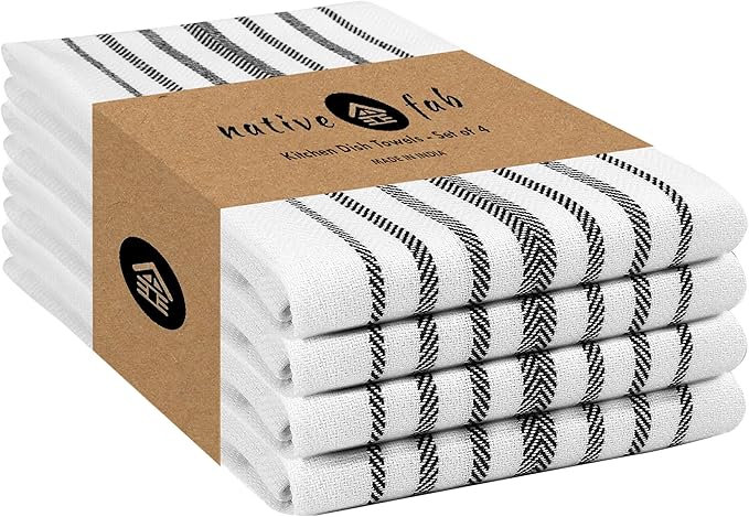 Native Fab 4 Pack Black Kitchen Towels Scandia Stripe 16"x26" - Cotton Dish Cloth, Super Absorbent Dish Towels, Multi Purpose Quick Dry Kitchen Washcloths with Loop, Black White
