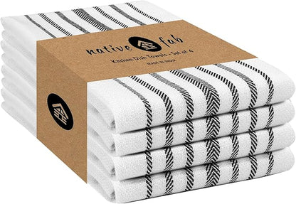 Native Fab 4 Pack Black Kitchen Towels Scandia Stripe 16"x26" - Cotton Dish Cloth, Super Absorbent Dish Towels, Multi Purpose Quick Dry Kitchen Washcloths with Loop, Black White
