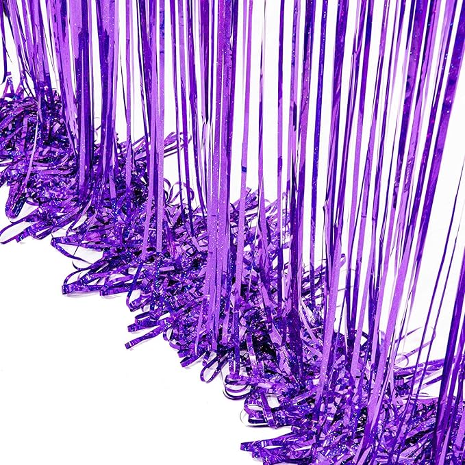BRAVESHINE Purple Tinsel Foil Fringe Curtains - 2Pcs 3.2x8.2ft Metallic Streamers Backdrop for Christmas/Hunters/Girl/Women/Birthdays/Bridal Shower/Bachelorette/Anniversary/Engagement Party Decor
