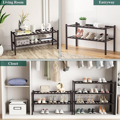 Smiry Shoe Rack, 6 Tier Bamboo Shoe Organizer, Stackable Free Standing Wooden Shoe Storage Shelf for Closet, Entryway, Front Door Entrance, Brown