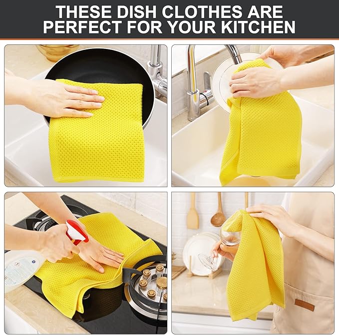 Kitinjoy 100% Cotton Waffle Weave Kitchen Towels, 4-Pack Super Soft and Absorbent Dish Towels for Drying Dishes, Kitchen Hand Towels, 13 in x 28 in, Yellow