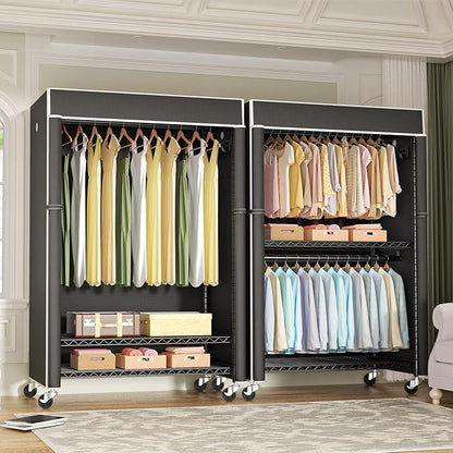 Black Clothing Rack with Black Cover, P1C Plus Rolling Closet with Wheels, Metal Garment Rack for Hanging Clothes, Clothing Storage Wardrobe, 46" W x 18.5" D x 80.7" H, Load 524 Pounds