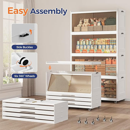 320 Gallon Extra Large Collapsible Storage Bin with Lid, 960QT Stackable Plastic Organizer with 6X Wheels, Foldable Drawer Cabinet for Closet, Living Room Office, Kitchen 4Pack, White
