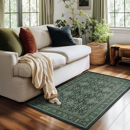 Entryway Rug 3x5 Dark Green, Vintage Boho Floral Moroccan Pattern Printed Throw Rugs for Bedroom Bedside, Low Pile Thin Non Slip Washable Area Rug for Kitchen Foyer Mudroom Dorm