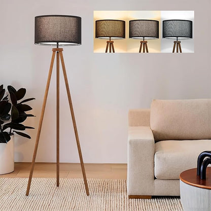 ELYONA Wood Tripod Floor Lamp, Modern Standing Lamp with Black Drum Linen Shade & 3 Color Temperatures LED Bulb, Industrial Tall Reading Lamp for Office Living Room Bedroom, ETL Listed Walnut & Black