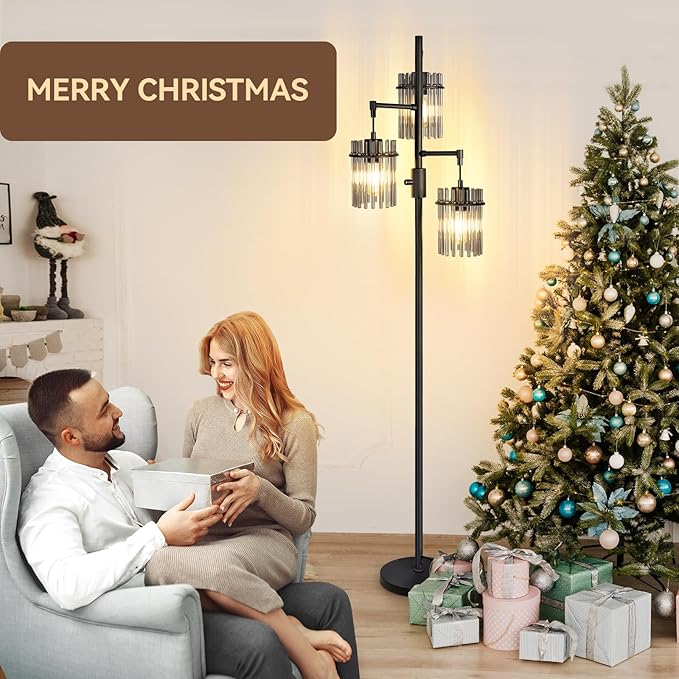 Industrial Modern Floor Lamps for Living Room, Dimmable Glass Tree Standing Tall Lamps with 3 Elegant Teardrop Cage Head & 800 Lumens LED Bulbs for Bedroom Office (66inch Tall)