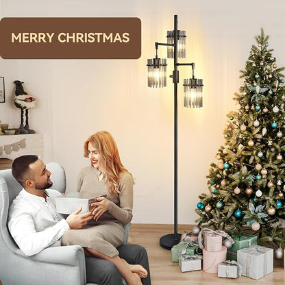 Industrial Modern Floor Lamps for Living Room, Dimmable Glass Tree Standing Tall Lamps with 3 Elegant Teardrop Cage Head & 800 Lumens LED Bulbs for Bedroom Office (66inch Tall)
