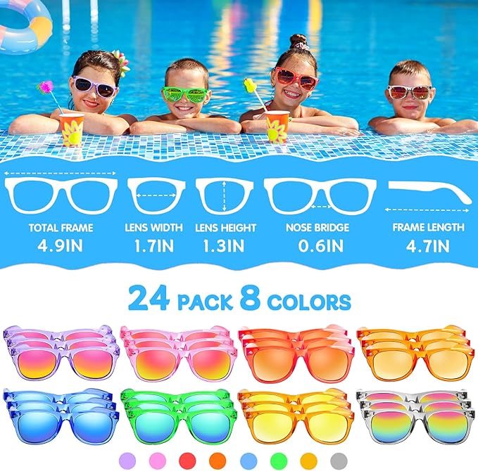 Kids Sunglasses Bulk Party Favors 24 Packs- Boys and Girls Valentines Day Gifts UV 400 Protection Neon Sunglasses for Age 3-8, Kids Birthday Classroom Goodie Bags End of the Year Gifts For Students