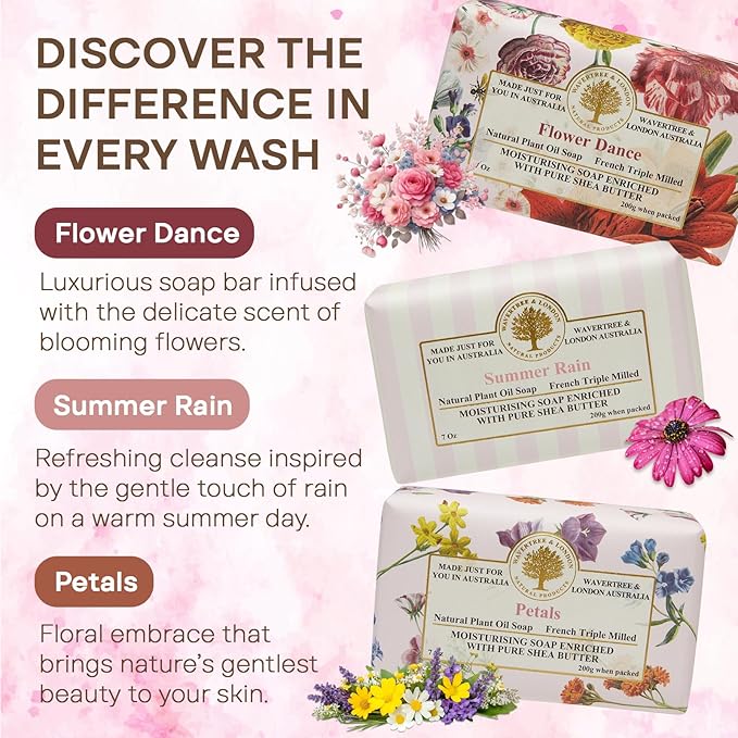 Wavertree & London Natural Soap Bars Gift Set (Set of 3) - Luxurious Floral Scented Bar Soap Pack, Moisturizing Triple Milled Body Soap Bars Enriched with Organic Shea Butter & natural ingredients