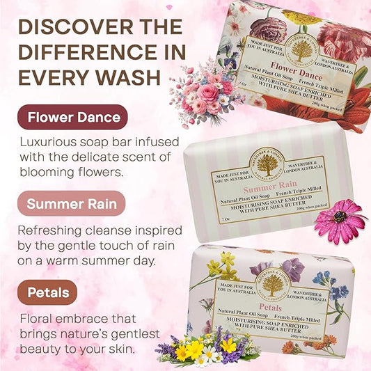 Wavertree & London Natural Soap Bars Gift Set (Set of 3) - Luxurious Floral Scented Bar Soap Pack, Moisturizing Triple Milled Body Soap Bars Enriched with Organic Shea Butter & natural ingredients