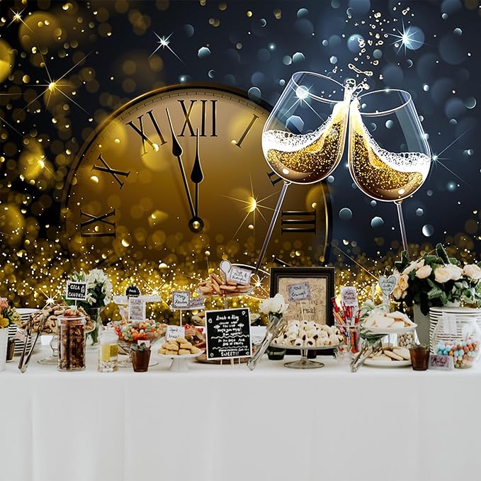 Baocicco 12x8ft Happy New Year Backdrop Countdown Party Shining Champagne Wine Glasses Bokeh Halos Backdrop Vinyl Photography Background New Year Eve Christmas Eve Party Winter Holiday Festival