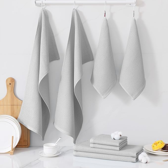 Homaxy 100% Cotton Kitchen Towels and Dishcloths Set, 12 x 12 Inches and 13 x 28 Inches, Set of 16 Bulk Kitchen Towels Set, Ultra Soft Absorbent Dish Cloths for Washing Dishes, Light Gray