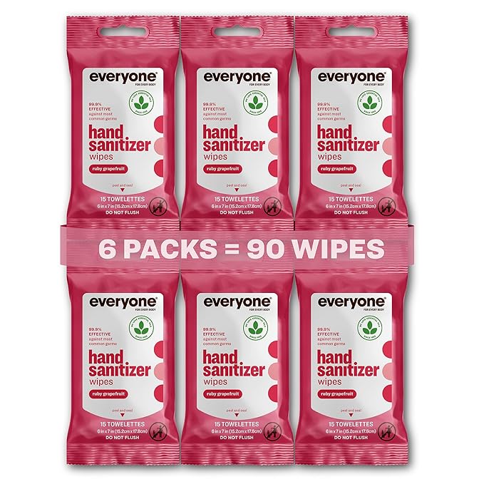 Everyone Hand Sanitizer Wipes, 15 Wipes (Pack of 6), Ruby Grapefruit, Made with Sugarcane Derived Alcohol with Essential Oils, TSA friendly