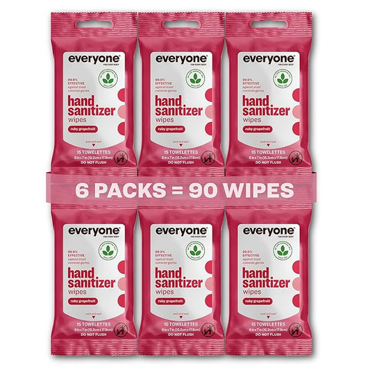 Everyone Hand Sanitizer Wipes, 15 Wipes (Pack of 6), Ruby Grapefruit, Made with Sugarcane Derived Alcohol with Essential Oils, TSA friendly