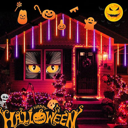 Halloween Lights Outdoor, 2 Pack Extendable Meteor Shower Lights Outdoor Waterproof with Timer, Total 384 LED 30cm 16 Tubes Cascading String Light Plug in for Halloween Yard Party (Orange and Purple)