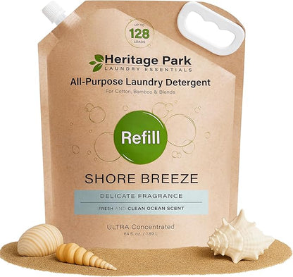 Heritage Park All-Purpose Shore Breeze, Lightly Scented, pH-Neutral Laundry Detergent - Stain-Fighting Enzymes, Ultra Concentrated (64 fl oz Refill Pouch)