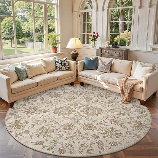 jinchan Classic Floral Round Rug 7ft, Vintage-Inspired Neutral Design 7’Circle Rug, Machine Washable Ultra-Thin Low-Pile Non-Slip Indoor Carpet for Bedroom Dining Room Living Room, Taupe