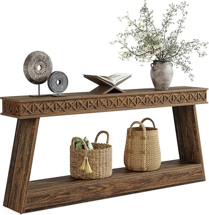 LITTLE TREE 70.87" Long Farmhouse Console Table, 2-Tier Shelf Narrow Accent Entryway Sofa Table for Living Room, Behind Couch, Hallway - Dark Brown
