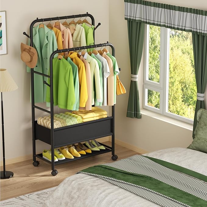 Clothing Racks for Hanging Clothes, Portable Clothing Rack with Wheels Rolling Clothes Racks, Black Garment Racks-Storage Box