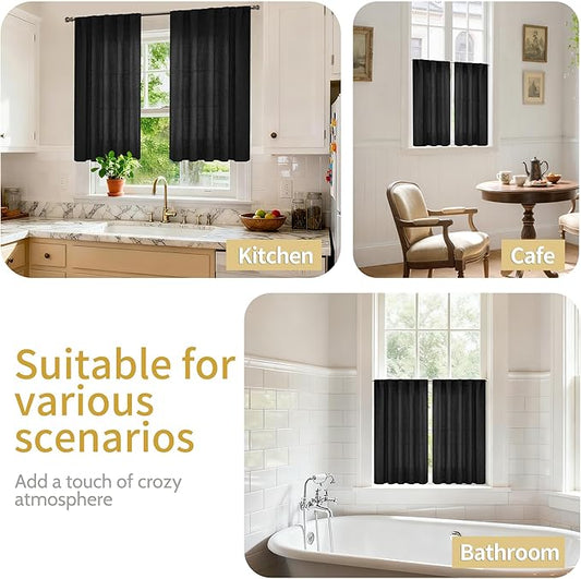 YoungsTex Black Linen Curtains 45 Inches Long for Kitchen Window, Short Light Filtering Drapes with Back Tab Rod Pocket Gothic Decorative for Bedroom Cafe, 2 Panels, 42 X 45 Inch