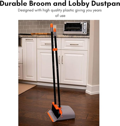 BirdRock Home Broom and Dustpan Set - Lobby Dust Pan - Orange and Grey Durable Set - Indoor or Outdoor - Sweep Combo Great for Kitchen, Home, Garage and Office - Clip On Self Cleaning Bristles