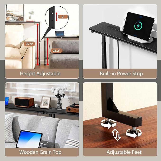 45 inch Narrow Console Table with Outlet,Adjustable Height(25"-37") Behind Sofa Table,Couch Behind Table Skinny,Couch Shelf with Charging Station,Long Entryway Tables for Living Room,Black