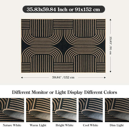 Lahome Modern Geometric Outdoor Easy Jute Rug, 3x5 Indoor Outdoor Rugs for Entryway Black Living Room Carpet, Farmhouse Washable Non Slip Carpet for Patio Courtyard Bedroom