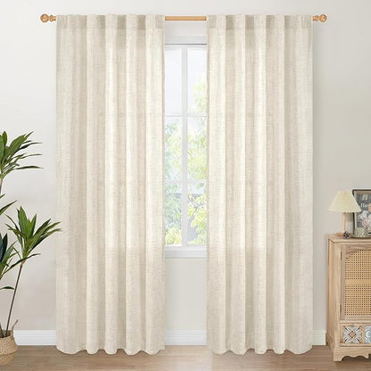 YoungsTex Linen Curtains 84 Inch Length for Living Room, Farmhouse Light Filtering Window Drapes Rod Pocket Back Tab Semi Sheer for Rustic Bedroom Office, 2 Panels, 38 X 84 Inch