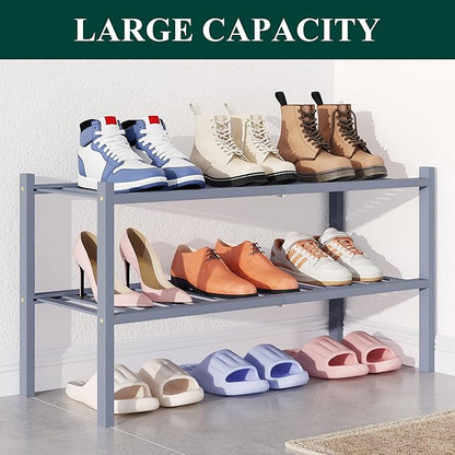 Smiry Bamboo Shoe Rack for Closet, 2 Tier Wooden Stackable Shoe Organizer, Free Standing Shoes Storage Shelf for Entryway, Front Door Entrance, Grey