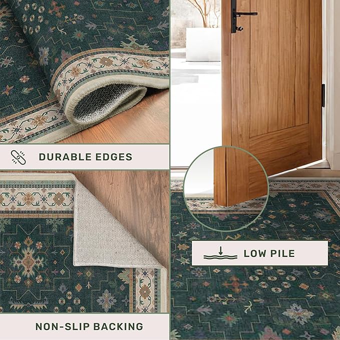 Dark Green Vintage Living Room Rug 9x12 - Boho Unique Floral Victorian Decor, Washable Low Pile Non-Slip Extra Large Area Rugs for Dining Under Table Bedroom