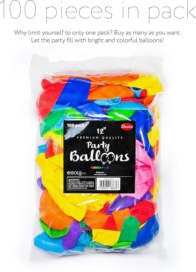 Dusico® Balloons Rainbow Set (100 Pack) 12 Inches, Assorted Bright Colors, Made With Strong Multicolored Latex, For Helium Or Air Use. Kids Birthday Party Decoration Accessory