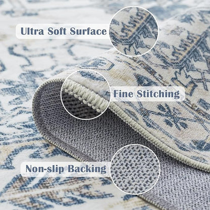 jinchan 6x9 Area Rug for Living Room Washable Soft Throw Rug Ultra-Thin Stain Resistant Non-Slip Distressed Vintage Floral Large Carpet for Bedroom,Dining Room,Home Office,Nursery (6x9ft,Blue)