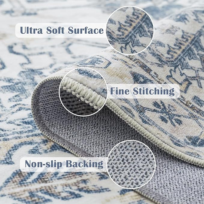 jinchan Runner Rug 2x6 Washable Hallway Runner - Vintage Floral Non Slip Low-Pile Soft Ultra-Thin Kitchen Rug Distressed Carpet for Farmhouse Bedroom Entryway Laundry Room (2x6ft,Blue)