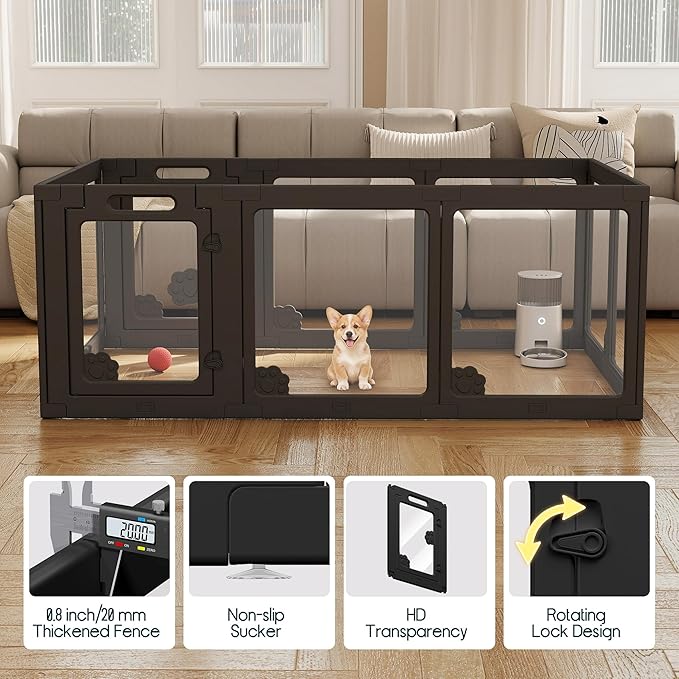 Albott Acrylic Clear Dog Playpen Indoor, Modular Puppy Cat Small Pet Play Pen with 2 Doors, Transparent Fence for Little Dogs, Cats, Rabbits, Easy Assemble and Disassemble, Black (24" H, 10 pcs)