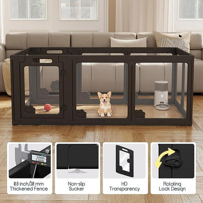 Albott Acrylic Clear Dog Playpen Indoor, Modular Puppy Cat Small Pet Play Pen with 2 Doors, Transparent Fence for Little Dogs, Cats, Rabbits, Easy Assemble and Disassemble, Black (24" H, 10 pcs)