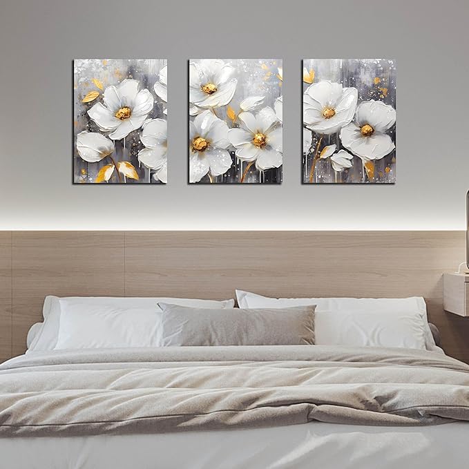 White Flowers Wall Art for Bedroom - Modern Canvas Wall Art for Office - 3 Piece Wall Art for Living Room 12" x 16"