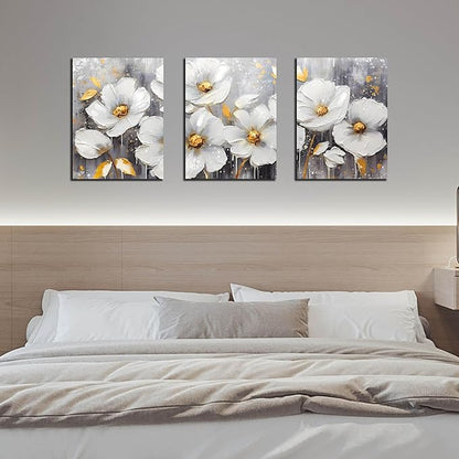 White Flowers Wall Art for Bedroom - Modern Canvas Wall Art for Office - 3 Piece Wall Art for Living Room 12" x 16"