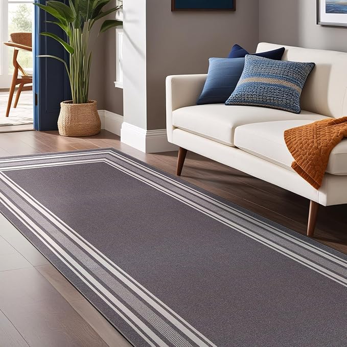 Modern Bordered Non Slip Indoor Runner Rugs for Living Room 2x5 Area Rugs for Kitchen, Rug for Bedroom, and Hallway, Stain Resistant Easy Cleaning Non Shedding Gray 2 x 5