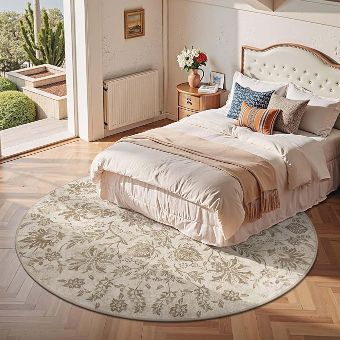 jinchan Classic Floral Round Rug 7ft, Vintage-Inspired Neutral Design 7’Circle Rug, Machine Washable Ultra-Thin Low-Pile Non-Slip Indoor Carpet for Bedroom Dining Room Living Room, Taupe