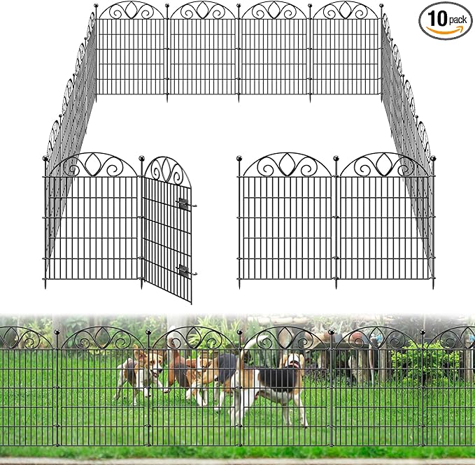 10 Panels No Dig Tall Garden Fence with Gate – 34" H X 22' L Rustproof Metal Dog Fences Outdoor for Yard, Decorative Animal Barrier Fence for Pet, Garden Border, Patio, Flower | Temporary Fencing