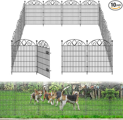 10 Panels No Dig Tall Garden Fence with Gate – 34" H X 22' L Rustproof Metal Dog Fences Outdoor for Yard, Decorative Animal Barrier Fence for Pet, Garden Border, Patio, Flower | Temporary Fencing