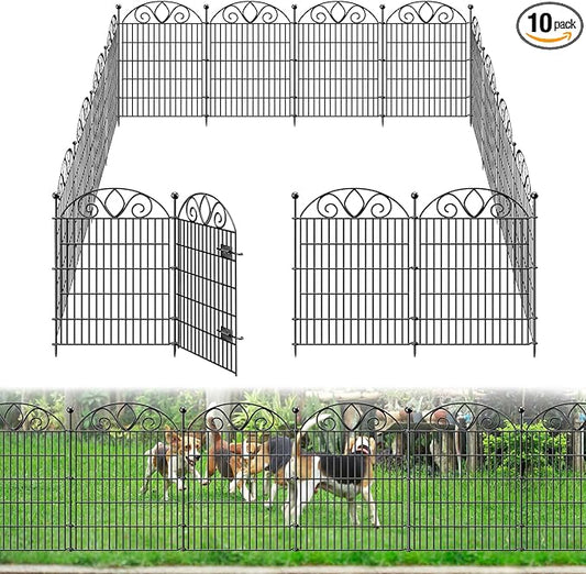 10 Panels No Dig Tall Garden Fence with Gate – 34" H X 22' L Rustproof Metal Dog Fences Outdoor for Yard, Decorative Animal Barrier Fence for Pet, Garden Border, Patio, Flower | Temporary Fencing