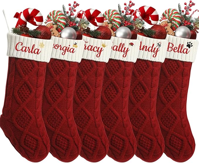 Personalized Christmas Stockings,Custom Embroidered Name+Logo Xmas Knitted Stockings 18'',Holiday and Family Stocking for Fireplace Christmas Holiday Party Decoration 1-6Pack（Red White）