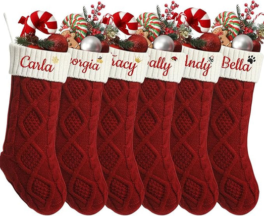 Personalized Christmas Stockings,Custom Embroidered Name+Logo Xmas Knitted Stockings 18'',Holiday and Family Stocking for Fireplace Christmas Holiday Party Decoration 1-6Pack（Red White）