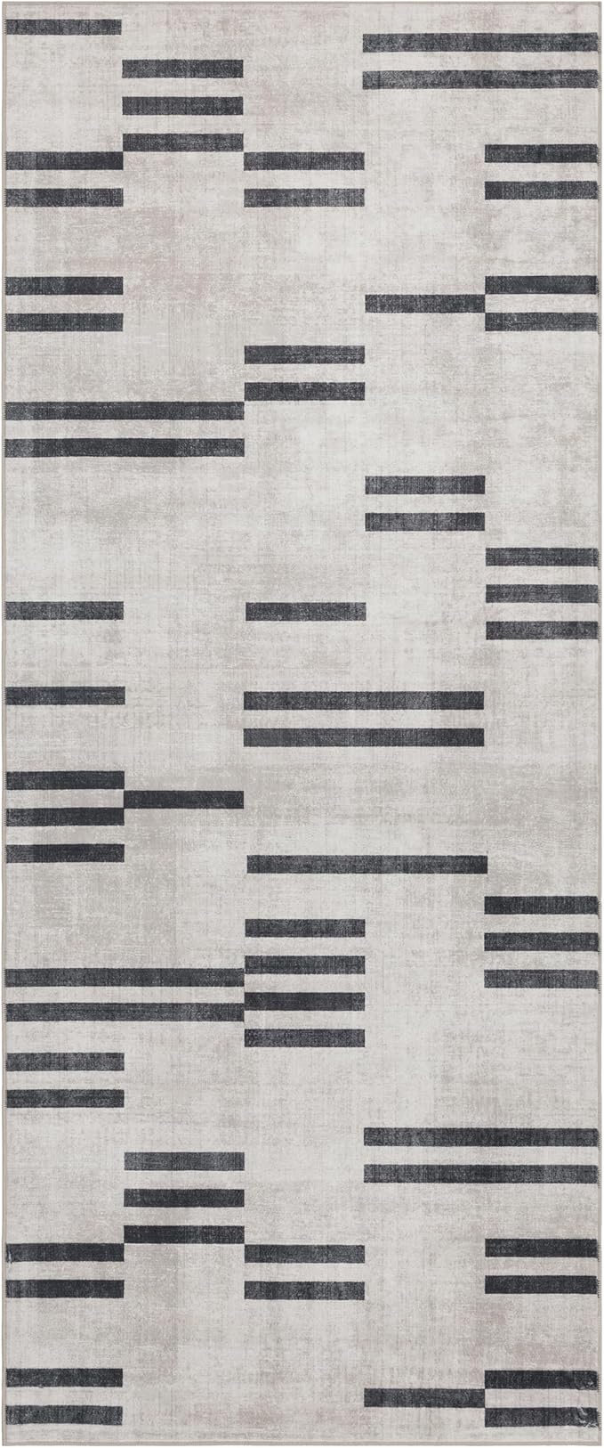 ReaLife Rugs Machine Washable Area Rug Runner - Living Room Bedroom Bathroom Kitchen Entryway Office -Non-Slip Baking Low Pile Stain Resistant Premium - Modern Geometric - Loki-Beige & Black 2'6" x 8'