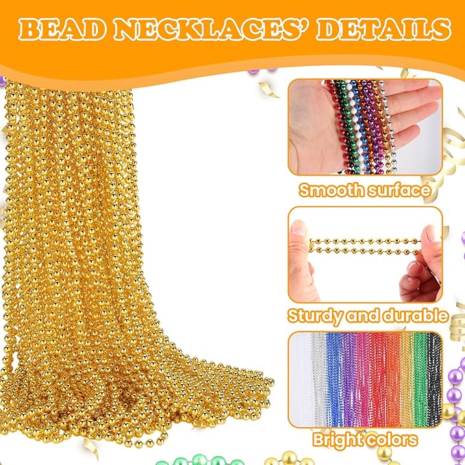 500 PCS Gold Bead Necklace, 33 Inch Mardi Gras Christmas Beads, Bulk Metallic Party Beads for Mardi Gras Parade, St Patricks Day, Wedding, Birthday, Pirate Party, Carnival Party Favors