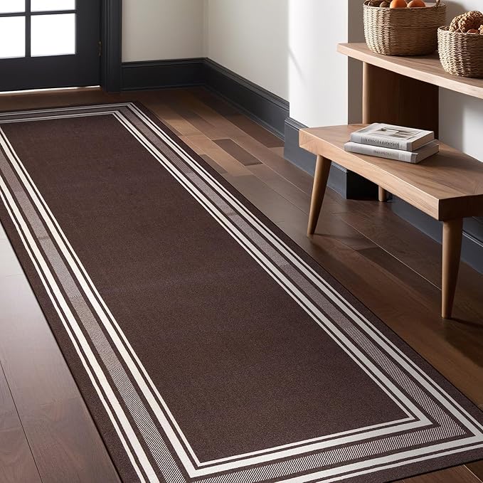 Modern Bordered Non Slip Indoor Runner Rugs for Living Room 2x7 Area Rugs for Kitchen, Rug for Bedroom, and Hallway, Stain Resistant Easy Cleaning Non Shedding Brown 2 x 7