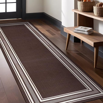Modern Bordered Non Slip Indoor Runner Rugs for Living Room 2x7 Area Rugs for Kitchen, Rug for Bedroom, and Hallway, Stain Resistant Easy Cleaning Non Shedding Brown 2 x 7