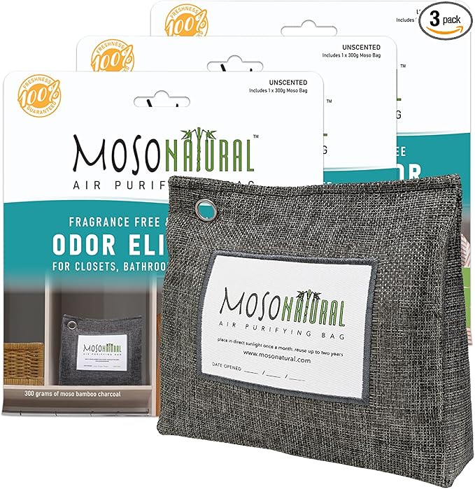 Moso Natural Air Purifying Bag 300g (10.58oz) Premium Bamboo Charcoal Odor Absorber for Home & Pet | Closet Odor Eliminator & Small Room Deodorizer | Charcoal Bags Last 2 Years | Unscented (3 Pack)