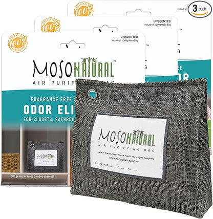 Moso Natural Air Purifying Bag 300g (10.58oz) Premium Bamboo Charcoal Odor Absorber for Home & Pet | Closet Odor Eliminator & Small Room Deodorizer | Charcoal Bags Last 2 Years | Unscented (3 Pack)
